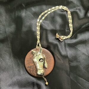 Vintage Western Horse Wooden Pendant Necklace with Gem Eye
